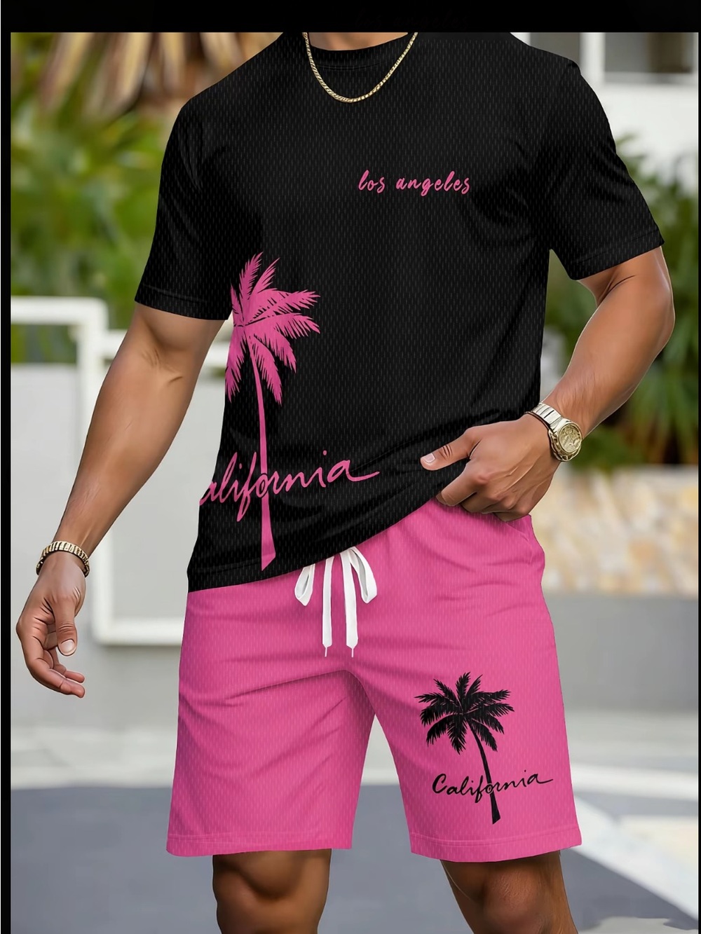 Men's California Palm Print Swim Set - Black & Pink